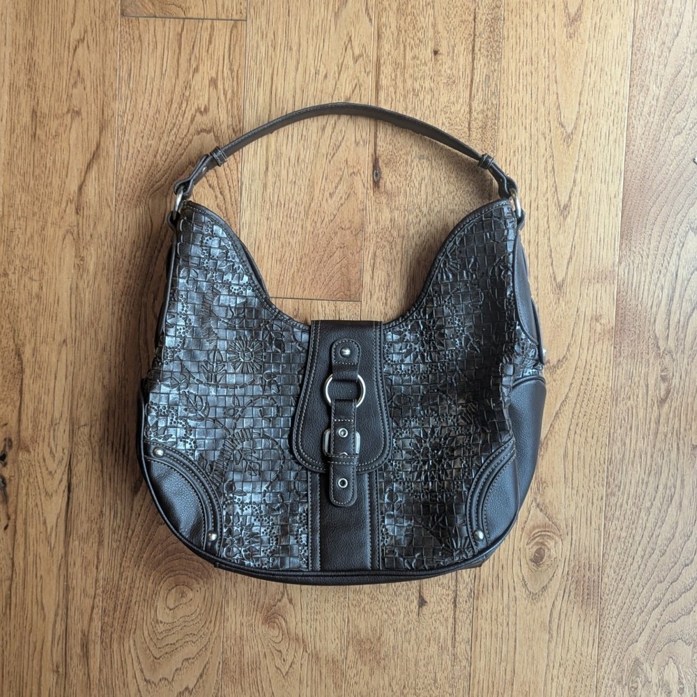 Coldwater Creek Hobo Shoulder Bag Brown Embossed Basketweave Floral Boho Vegan